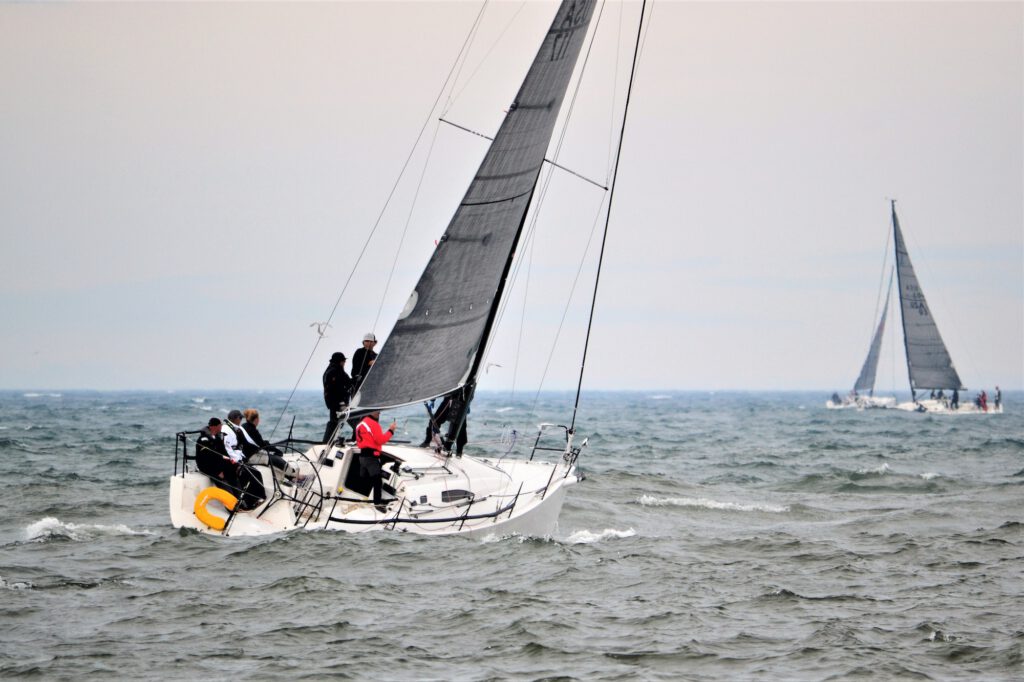 Sailers sailing in a regatta on Lake Michigan